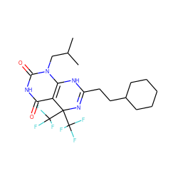 CC(C)Cn1c2c(c(=O)[nH]c1=O)C(C(F)(F)F)(C(F)(F)F)N=C(CCC1CCCCC1)N2 ZINC000001262829