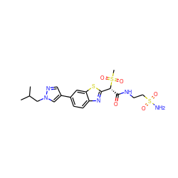 CC(C)Cn1cc(-c2ccc3nc([C@@H](C(=O)NCCS(N)(=O)=O)S(C)(=O)=O)sc3c2)cn1 ZINC000143923790