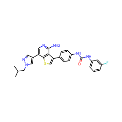 CC(C)Cn1cc(-c2cnc(N)c3c(-c4ccc(NC(=O)Nc5cccc(F)c5)cc4)csc23)cn1 ZINC000084616443