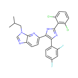 CC(C)Cn1cnc2ccc(-c3[nH]c(-c4c(Cl)cccc4Cl)nc3-c3ccc(F)cc3F)nc21 ZINC000029130339