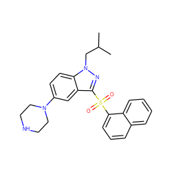 CC(C)Cn1nc(S(=O)(=O)c2cccc3ccccc23)c2cc(N3CCNCC3)ccc21 ZINC000064447513