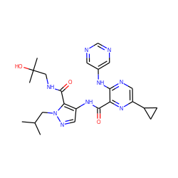 CC(C)Cn1ncc(NC(=O)c2nc(C3CC3)cnc2Nc2cncnc2)c1C(=O)NCC(C)(C)O ZINC000169701759