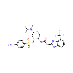 CC(C)N(C)[C@@H]1CC[C@H](NC(=O)Cc2nc3cccc(C(F)(F)F)c3[nH]2)[C@H](CS(=O)(=O)c2ccc(C#N)cc2)C1 ZINC000084741994