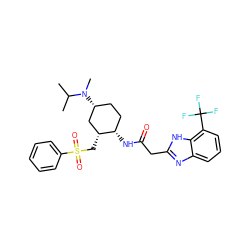 CC(C)N(C)[C@@H]1CC[C@H](NC(=O)Cc2nc3cccc(C(F)(F)F)c3[nH]2)[C@H](CS(=O)(=O)c2ccccc2)C1 ZINC000084672296