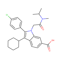 CC(C)N(C)C(=O)Cn1c(-c2ccc(Cl)cc2)c(C2CCCCC2)c2ccc(C(=O)O)cc21 ZINC000013646585