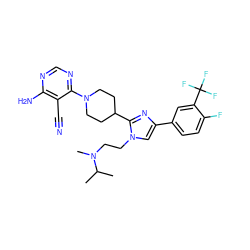 CC(C)N(C)CCn1cc(-c2ccc(F)c(C(F)(F)F)c2)nc1C1CCN(c2ncnc(N)c2C#N)CC1 ZINC000218724715