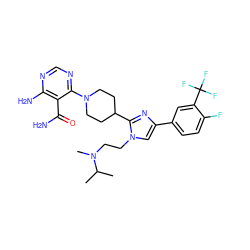 CC(C)N(C)CCn1cc(-c2ccc(F)c(C(F)(F)F)c2)nc1C1CCN(c2ncnc(N)c2C(N)=O)CC1 ZINC000219091927