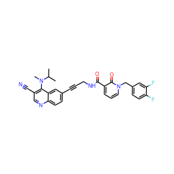 CC(C)N(C)c1c(C#N)cnc2ccc(C#CCNC(=O)c3cccn(Cc4ccc(F)c(F)c4)c3=O)cc12 ZINC000096176355