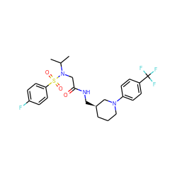 CC(C)N(CC(=O)NC[C@@H]1CCCN(c2ccc(C(F)(F)F)cc2)C1)S(=O)(=O)c1ccc(F)cc1 ZINC000209391232