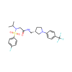 CC(C)N(CC(=O)NC[C@@H]1CCN(c2ccc(C(F)(F)F)cc2)C1)S(=O)(=O)c1ccc(F)cc1 ZINC000209391314