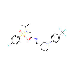 CC(C)N(CC(=O)NC[C@H]1CCCN(c2ccc(C(F)(F)F)cc2)C1)S(=O)(=O)c1ccc(F)cc1 ZINC000209391262