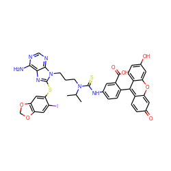 CC(C)N(CCCn1c(Sc2cc3c(cc2I)OCO3)nc2c(N)ncnc21)C(=S)Nc1ccc(-c2c3ccc(=O)cc-3oc3cc(O)ccc23)c(C(=O)O)c1 ZINC000150553686