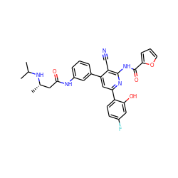 CC(C)N[C@@H](C)CC(=O)Nc1cccc(-c2cc(-c3ccc(F)cc3O)nc(NC(=O)c3ccco3)c2C#N)c1 ZINC000053242641