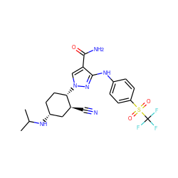 CC(C)N[C@@H]1CC[C@H](n2cc(C(N)=O)c(Nc3ccc(S(=O)(=O)C(F)(F)F)cc3)n2)[C@@H](C#N)C1 ZINC000222976989