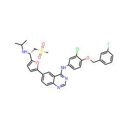 CC(C)N[C@H](CS(C)(=O)=O)c1ccc(-c2ccc3ncnc(Nc4ccc(OCc5cccc(F)c5)c(Cl)c4)c3c2)o1 ZINC000299838293