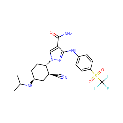 CC(C)N[C@H]1CC[C@H](n2cc(C(N)=O)c(Nc3ccc(S(=O)(=O)C(F)(F)F)cc3)n2)[C@@H](C#N)C1 ZINC000222976925