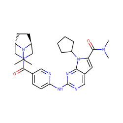 CC(C)N1[C@H]2CC[C@H]1CN(C(=O)c1ccc(Nc3ncc4cc(C(=O)N(C)C)n(C5CCCC5)c4n3)nc1)C2 ZINC000118594752