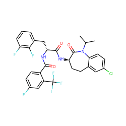 CC(C)N1C(=O)[C@H](NC(=O)[C@@H](Cc2cccc(F)c2F)NC(=O)c2ccc(F)cc2C(F)(F)F)CCc2cc(Cl)ccc21 ZINC000028958142