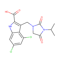 CC(C)N1C(=O)CN(Cc2c(C(=O)O)[nH]c3cc(Cl)cc(Cl)c23)C1=O ZINC000013492833