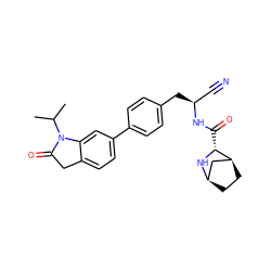 CC(C)N1C(=O)Cc2ccc(-c3ccc(C[C@@H](C#N)NC(=O)[C@H]4N[C@@H]5CC[C@H]4C5)cc3)cc21 ZINC000221933277