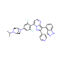 CC(C)N1C[C@@H]2C[C@H]1CN2c1cc(F)c(-c2ccnc3c(-c4cccc5[nH]ncc45)c(-c4ccncc4)nn23)c(F)c1 ZINC000064448835