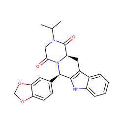 CC(C)N1CC(=O)N2[C@H](Cc3c([nH]c4ccccc34)[C@H]2c2ccc3c(c2)OCO3)C1=O ZINC000013528021