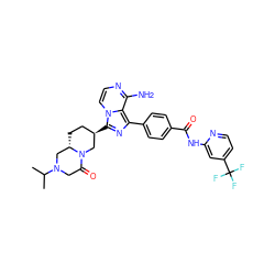 CC(C)N1CC(=O)N2C[C@H](c3nc(-c4ccc(C(=O)Nc5cc(C(F)(F)F)ccn5)cc4)c4c(N)nccn34)CC[C@H]2C1 ZINC000145529812