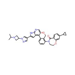 CC(C)N1CC(n2cc(-c3cc4c(-c5cccc(N6CCOc7cc(C8CC8)ccc7C6=O)c5CO)ccnc4[nH]3)cn2)C1 ZINC001772578285