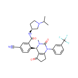 CC(C)N1CC[C@H](NC(=O)c2cc(C#N)ccc2[C@@H]2C3=C(CCC3=O)N(c3cccc(C(F)(F)F)c3)C(=O)N2C)C1 ZINC001772617108