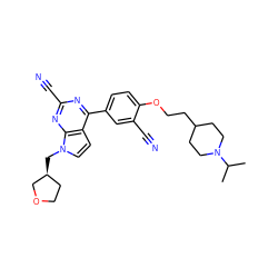 CC(C)N1CCC(CCOc2ccc(-c3nc(C#N)nc4c3ccn4C[C@H]3CCOC3)cc2C#N)CC1 ZINC001772648118