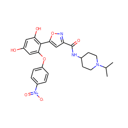 CC(C)N1CCC(NC(=O)c2cc(-c3c(O)cc(O)cc3Oc3ccc([N+](=O)[O-])cc3)on2)CC1 ZINC000096939896