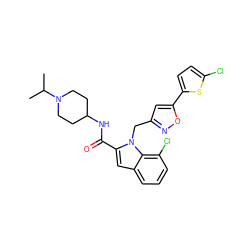 CC(C)N1CCC(NC(=O)c2cc3cccc(Cl)c3n2Cc2cc(-c3ccc(Cl)s3)on2)CC1 ZINC000013646527