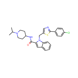 CC(C)N1CCC(NC(=O)c2cc3ccccc3n2Cc2cnc(-c3ccc(Cl)cc3)s2)CC1 ZINC000014959774