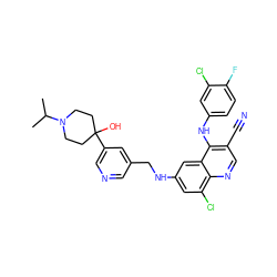 CC(C)N1CCC(O)(c2cncc(CNc3cc(Cl)c4ncc(C#N)c(Nc5ccc(F)c(Cl)c5)c4c3)c2)CC1 ZINC000014977408