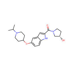 CC(C)N1CCC(Oc2ccc3[nH]c(C(=O)N4CC[C@H](O)C4)cc3c2)CC1 ZINC000035825974