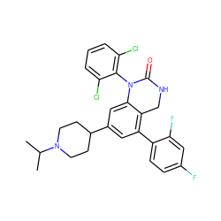 CC(C)N1CCC(c2cc(-c3ccc(F)cc3F)c3c(c2)N(c2c(Cl)cccc2Cl)C(=O)NC3)CC1 ZINC000014962908