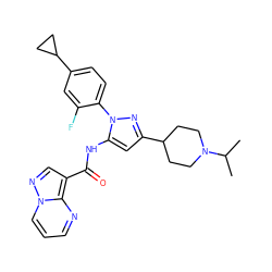 CC(C)N1CCC(c2cc(NC(=O)c3cnn4cccnc34)n(-c3ccc(C4CC4)cc3F)n2)CC1 ZINC000145866347