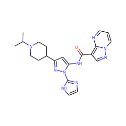 CC(C)N1CCC(c2cc(NC(=O)c3cnn4cccnc34)n(-c3ncc[nH]3)n2)CC1 ZINC000204763804