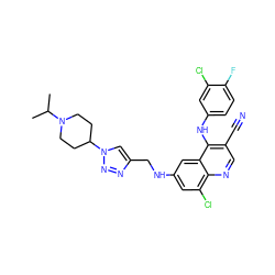 CC(C)N1CCC(n2cc(CNc3cc(Cl)c4ncc(C#N)c(Nc5ccc(F)c(Cl)c5)c4c3)nn2)CC1 ZINC000042890589