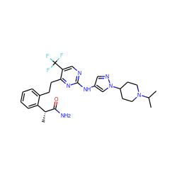 CC(C)N1CCC(n2cc(Nc3ncc(C(F)(F)F)c(CCc4ccccc4[C@@H](C)C(N)=O)n3)cn2)CC1 ZINC000211040635