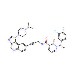 CC(C)N1CCC(n2cnc3cnc4ccc(C#CCNC(=O)c5cccn([C@@H](C)c6ccc(F)c(F)c6)c5=O)cc4c32)CC1 ZINC000169710252