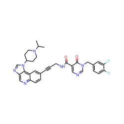 CC(C)N1CCC(n2cnc3cnc4ccc(C#CCNC(=O)c5cncn(Cc6ccc(F)c(F)c6)c5=O)cc4c32)CC1 ZINC000149580762