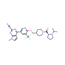 CC(C)N1CCC[C@H]1C(=O)N1CCC(COc2ncc(-c3nc(C#N)nc4c3ccn4C)cc2C(F)(F)F)CC1 ZINC001772592275