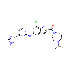 CC(C)N1CCCN(C(=O)c2cc3cc(Nc4nccc(-c5cn(C)cn5)n4)cc(Cl)c3[nH]2)CC1 ZINC000205651412