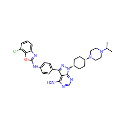 CC(C)N1CCN([C@H]2CC[C@@H](n3nc(-c4ccc(Nc5nc6cccc(Cl)c6o5)cc4)c4c(N)ncnc43)CC2)CC1 ZINC000101367540