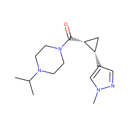 CC(C)N1CCN(C(=O)[C@@H]2C[C@@H]2c2cnn(C)c2)CC1 ZINC000059050732