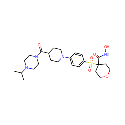 CC(C)N1CCN(C(=O)C2CCN(c3ccc(S(=O)(=O)C4(C(=O)NO)CCOCC4)cc3)CC2)CC1 ZINC000049037332