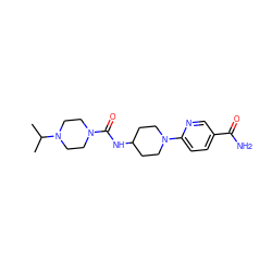 CC(C)N1CCN(C(=O)NC2CCN(c3ccc(C(N)=O)cn3)CC2)CC1 ZINC000141686642