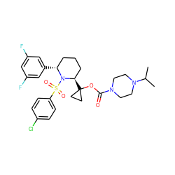 CC(C)N1CCN(C(=O)OC2([C@@H]3CCC[C@@H](c4cc(F)cc(F)c4)N3S(=O)(=O)c3ccc(Cl)cc3)CC2)CC1 ZINC000028879666