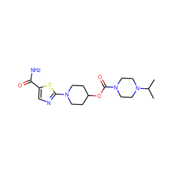 CC(C)N1CCN(C(=O)OC2CCN(c3ncc(C(N)=O)s3)CC2)CC1 ZINC000223539699